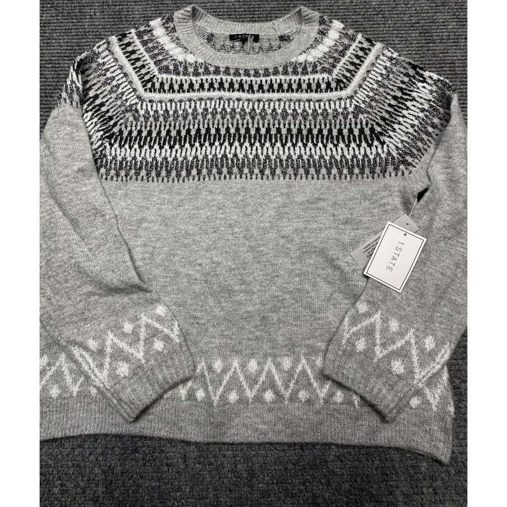 1.STATE Sweater Womens Small‎ Metallic Fair Isle Pullover Crewneck Soft Knit New